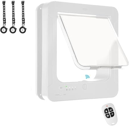 Akfldms Intelligente Katzenklappe mit Fernbedienung und 3 Halsband-Sensoren, RFID-Technologie, 4-Wege-Verriegelungssystem,