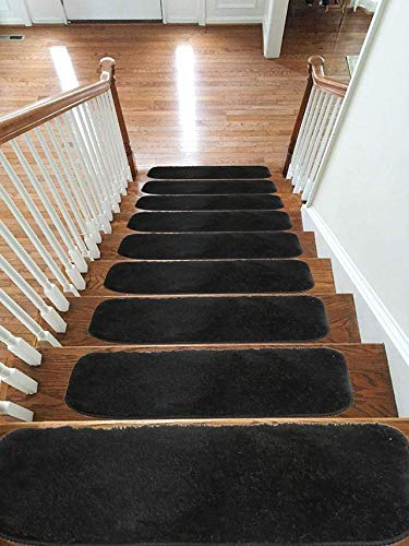 New Luxury Microfiber Soft Carpet Stair Treads Non-Slip Machine Washable Mats/Rugs, 20x55cm (Black, 13)