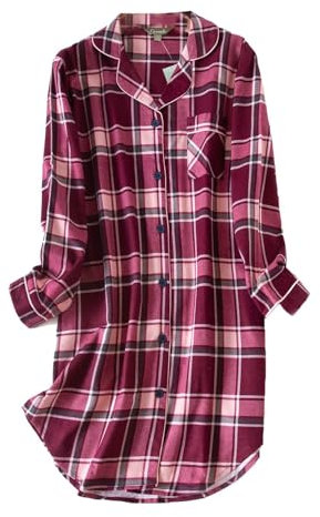 CHUNG Chemise de Nuit à Manches Longues Boutonnée pour Femme - Pyjama à Carreaux en Flanelle et Coton, Carreaux Bordeaux, L