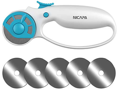 NICAPA 45 mm Rollschneider Set mit Edelstahl Stoffschneider mit Schutzmechanismus, Profi Rollmesser mit 5 x Rundes Loch Ersatzklingen, Rundklingen Cutter für Abstepp Stoff Leder Nähen Quilten