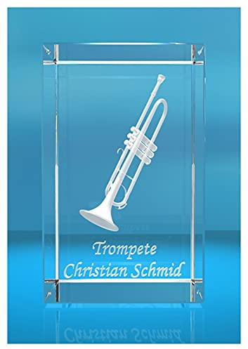 VIP-LASER 3D Glasquader |Trompete mit Wunschnamen | Blasinstrument | Geschenk für Trompetenspieler Musiker Orchester