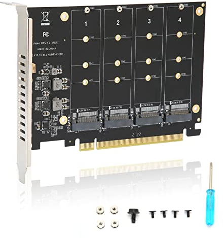 Tarjeta adaptadora, con 4 Tarjetas de expansión, 4 Puertos M.2 NVMe SSD a PCIE X16 M Key Disco Duro Convertidor Lector Tarjeta de expansión, 4 x 32Gbps Velocidad de transmisión(ph44)