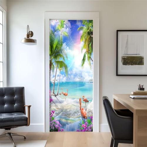 FLFK 3D flamencos PVC Adhesivo Fotográfico Vinilos Puerta Pegatina Pared Murales para Cocina Sala de Baño Decorativos 77X200cm