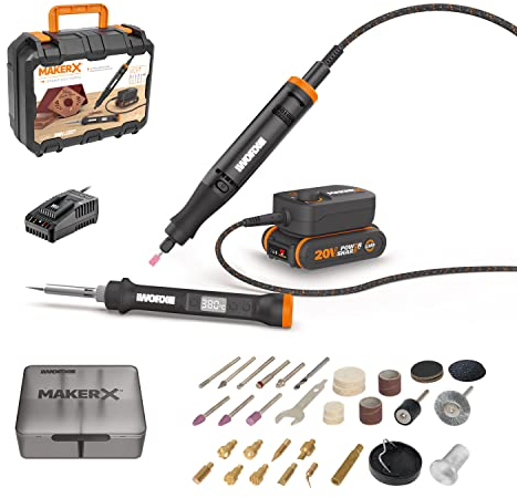 WORX Akku Multifunktionswerkzeug & Lötkolben Set 18V(20V MAX) MakerX WX988, Bürstenlos Motor, PowerShare, mit Universal Zubehören 2Ah Akku & Ladegerät, Hub, Variable Drehzahl, Temperatur Einstellbar