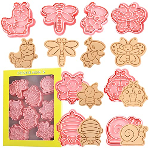 Cortador de galletas de insectos, 8 sellos de plástico para galletas, divertido molde de galletas de dibujos animados, juego de cortadores de galletas de animales de insectos 3D.