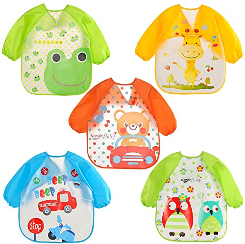 SLOSH Baby Lätzchen mit Ärmeln Wasserdicht Langen Weiches Lange Abwaschbar Leicht zu Reinigen Lätzchen Fütterlätzchen für Babys und Kleinkinder Unisex Jungen und Mädchen Set (Multicolor)