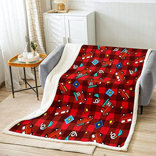 Rotes Feuer Engine Decke 130x150cm Feuerwehr Kuscheldecke für Kinder Jungen Mädchen Feuerwehr Wohndecke Geometrisch Gitter Gitter Flanell Fleecedecke