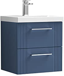 nuie DPF392D Deco Modern Bathroom Wall Hung 2 Drawer Part Fluted Vanity Basin Unit with Thin-Edge Ceramic Basin, 500mm, Satin Blue