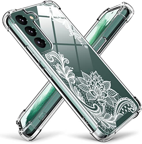 KIOMY Schutzhülle für Samsung Galaxy S22+ 5G, Stoßfeste Stoßstange Schutzhülle mit Airbag-Ecken, Hybrid-Design, Harte PC-Rückseite mit flexiblem TPU-Rahmen für S22 Plus, Klar mit Spitzen-Blumen-Design