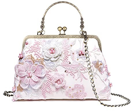 Abuyall Floral Top-Handle Handbag, Kiss Lock Evening Bag for Women, Vintage Handbag…, 3d-off White-flower