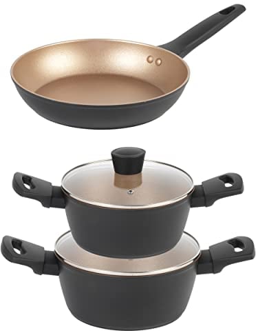 Russell Hobbs COMBO-8592 3er-Set: 24-cm-Bratpfanne, 20-/24-cm-Suppentöpfe, induktionsgeeignet, antihaftbeschichtet, spülmaschinenfest, PFOA-frei, 7-mal robuster, Opulence Kollektion, schwarz/gold