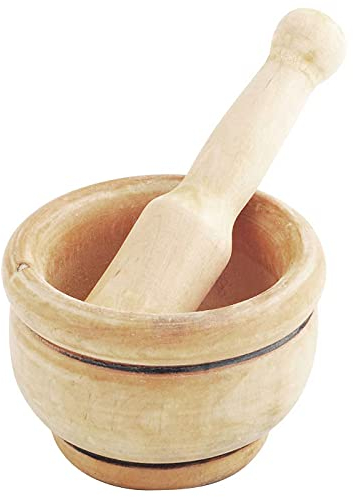Tradineur - Mortero de madera natural - Incluye mazo de 16 cm - Machacador manual de cocina para moler ajo, especias y hierbas - 12 x 8 cm