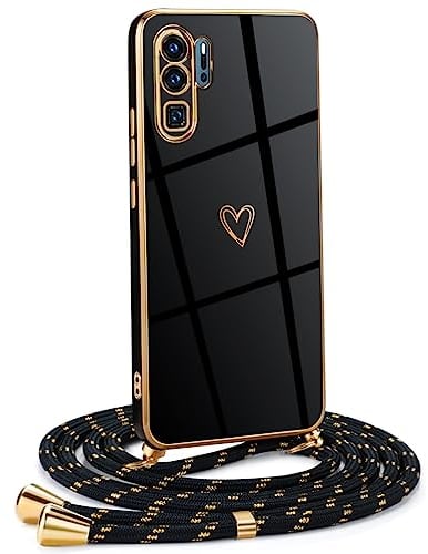 Mkej Frauen Mädchen Handykette Kompatibel mit Huawei P30 Pro - Silikon Hülle mit Band - Handyhülle für Huawei P30 Pro Herz Love Design Galvanik - Hülle mit Kordel in schwarzes Gold