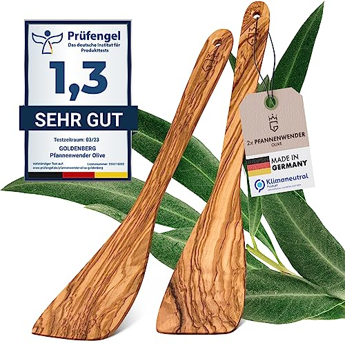 GOLDENBERG® Spar Set - Premium Pfannenwender - Made in Germany - feinstes Olivenholz aus Italien - robust, langlebig & antibakteriell - Holzschaber - Pfannenwender Holz