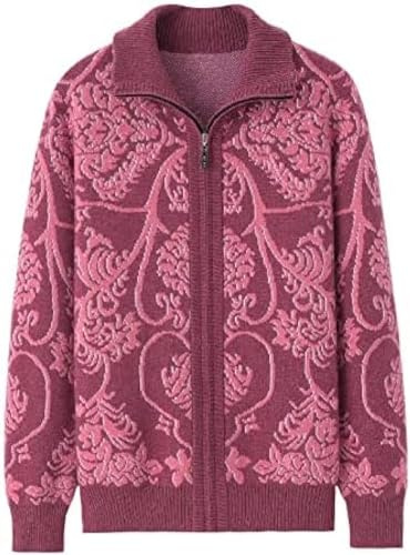 Maglione Di Cashmere 100% Maglione Di Cashmere Ispessito Per Persone Di Mezza Età E Anziani Con Cerniera E Risvolto Cappotto Cardigan Da Donna Maglione Lavorato A Maglia A Maniche Lunghe,Fucsia,4XL