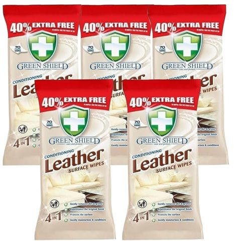Green Shield Conditioned 4-in-1 Leather Surface Wipes | Fresh Scented Leather Wipes Removes Dirt & Grime with Protecting the Surface | Multi-purpose Use Gives Surfaces an Original Finish (5 Packs)