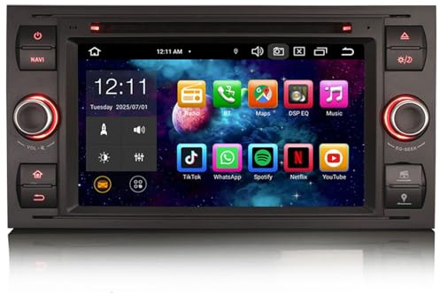 erisin 8 Core Android 14 4+64GB Autoradio Navigatore GPS per Ford C/S-Max Galaxy Kuga Focus Transit Carplay Android Auto GPS Sat Nav DSP BT 5.0 WiFi Dab+ CD/DVD Nero
