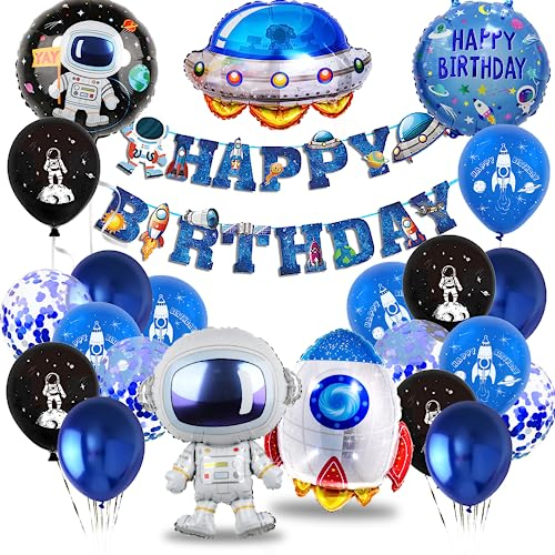 Weltraum Geburtstag Deko Set, XXL Astronaut Folienballons mit Happy Birthday Girlande, Raketen Party Kindergeburtstag, Luftballons Raumschiff für Weltraum Themen Party Geburtstag Dekoration Junge