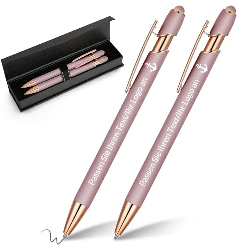 kodinsiivous 2 Stück Personalisierbarer Kugelschreiber,Metall Stift mit Stylus, Druckkugelschreiber mit Namen und Ikone Gravur Geschenk für Abschlussfeier, Jubiläum, Büro, Glattes Schreiben,Rosa