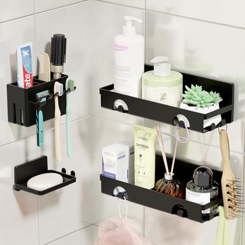 PAVSTINE Duschablage ohne Bohren, 4 Stück Duschregal mit Großer Kapazität, 7KG Badezimmer Organizer mit Starker Kleben, Shampoo Duschgel Halterung für Bad Dusche, Duschkorb, Badregal Schwarz