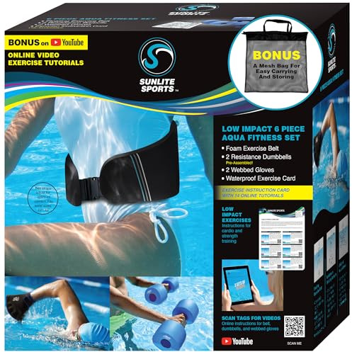 Sunlite Sports Water Workout Combo Set, High Density Water Weights for Pool Exercise, Swim Belt, Aerobics Equipment, Aqua Jogger Belt, Pool Fitness, Aqua Therapy & Exercise