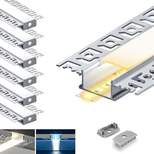 HOOLED Profile Alu pour Ruban LED 2 m x 6 pièces Profilé encastrable Tailles 28 mm(ailettes 64,2 mm) x 10 mm avec un couvercle PC opalin Bandes LED largeur maximale 20,2 mm