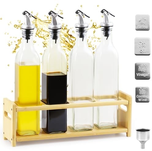 AZKEEGREY Lot de 4 bouteilles d'huile en verre avec support en bois, distributeur d'huile d'olive 500 ml, bouteille d'huile d'olive avec bec verseur, bouteilles en verre, vinaigre et bouteilles