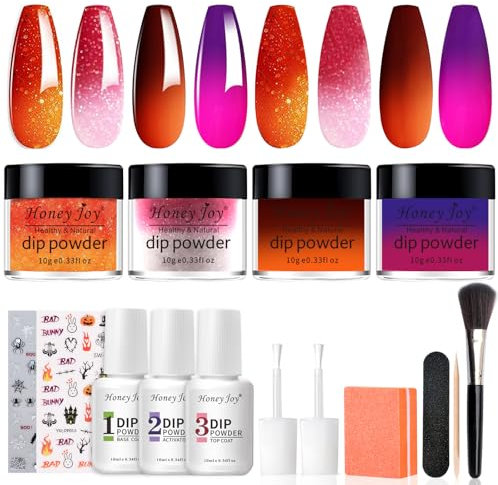 Honey Joy Dip Powder Nail Kit Starter, 4 Farben, Halloween Kürbis Orange Mystic Purple Dipping Powder Liquid Set mit Base Top Coat für Nail Art Maniküre Salon DIY Dip-7pcs-Nr. 14