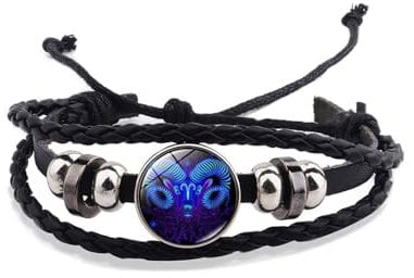 QKEOISUD Zodiac Signs Spirit Bracelet,Handmade Woven Multilayer Adjustable 12 Constellation Zodiac PU Leather Bracelets,Unisex Wax Rope Bracelet