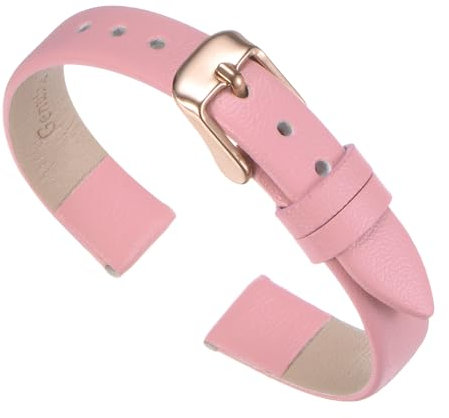 QUARKZMAN Bracelet en Cuir Véritable Rose de 12 mm de Largeur Plat et Fin Boucle en Or Rose pour Hommes et Femmes