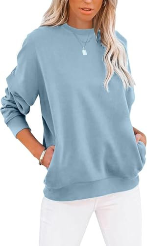 Cuptacc Pullover Damen Elegant Langarm Sweatshirt Damen Rundhals Color Block Oberteile Taschen Pulli Sky Blau XL 46-48