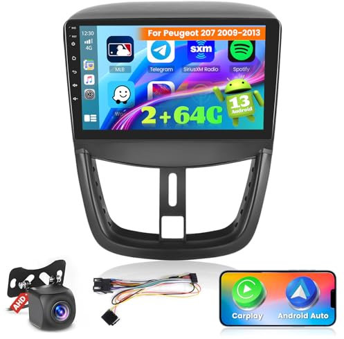 Ohradio 2G+64G Android 15 Radio Coche para Peugeot 207 2009 2010 2011 2012 2013, Carplay Android Auto inalámbrico, 9 Pantalla Táctil 2 DIN con WiFi GPS FM/RDS BT SWC+Cámara Trasera+Mic