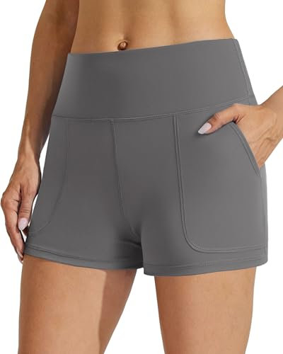 PINSPARK Laufhose Damen Kurz Running Jogging Shorts Sporthose Locker Bauchkontrolle Fitness Yoga Atmungsaktiv Sport Leggings Hosen Sommer Radlerhose mit 2 Handytasche Dunkelgrau M