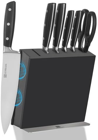 Set di coltelli da 7 pezzi con blocco magnetico in legno di gomma, set di coltelli da chef in acciaio inossidabile a codolo intero con manici in ABS, lavabili in lavastoviglie, salvaspazio