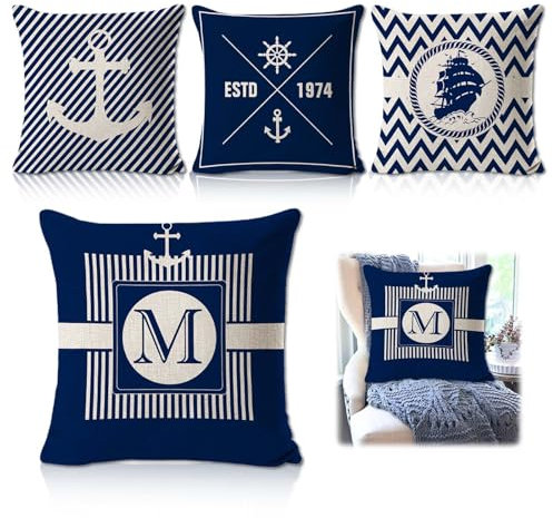 Kissen X Maritim - Set von 4 Maritime Deko-Outdoor-Kissenbezügen (45 x 45 cm), Perfekt für Bettwäsche und Deko Maritim