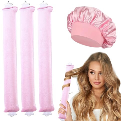 3 Pcs Hitzefreie Lockenwickler, Haarnudel, Haar Locken über Nacht, Lockenwickler Über Nacht mit Haken, Heatless Curls Große Locken, mit Satin Haarhaube, Langes und Kurzes Haar Verwendet Werden(Rosa)
