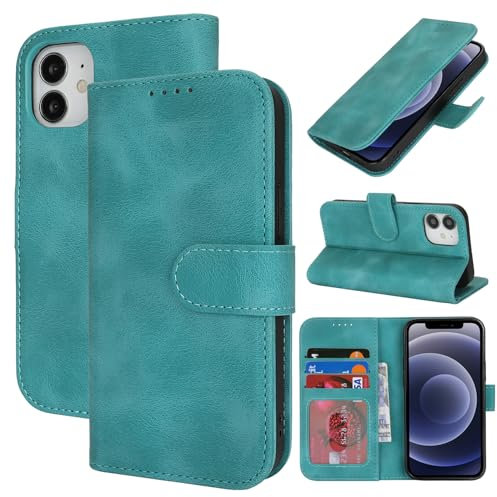 Zouzt Hülle für iPhone 12 Mini 5,4-Zoll, Stoßfestes PU Leder Handyhülle Lederhülle Klapphülle mit Kartenhalter und Standfunktion Flip Leather Wallet Phone Cover (Vintage Mintgrün)