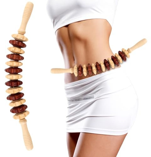 Rouleau de Massage en Bois 45cm – 13 Roues Massantes – Roller Anticellulite pour Jambes, Cuisses, Fessiers, Dos & Ventre – Massage Lymphatique Manuel, Détente Musculaire & Drainage du Corps