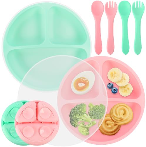 AUROAY Lot de 2 Assiettes à Ventouse, Assiettes Silicone pour Bébé avec Cuillères, Fourchettes, Couvercles, Sevrage Divisées, Incassable, Antidérapantes, Non Toxiques, Sans BPA