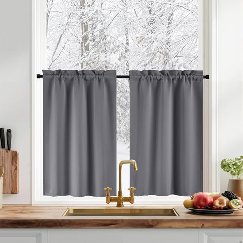 PONY DANCE Scheibengardine Küche Blickdichte Gardine Kurz 2er Set | H 150 x B 60 cm, Thermovorhang Hitzeschutz, Verdunklungsvorhänge, Vorhänge Wohnzimmer, mit Stangendurchzug, Bistrogardine