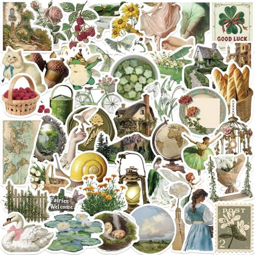 50 pcs Vintage Green PVC Waterproof Stickers Set | Vintage Aesthetic Stickers for Journals, Laptops, Kindle/Books | Cats, Roses, Ballet, Swan | DIY Scrapbooking Craft Supplies for Teens & Adults