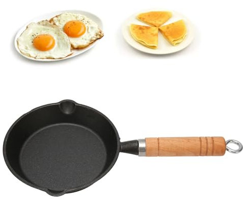 SIXRUN Gusseisen Bratpfanne mit Holzgriff, 16 x 3 cm, Gleichmäßige Wärmeverteilung