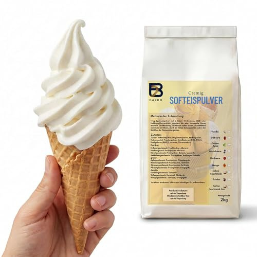 Bazko Sahne Geschmack Eispulver für Eismaschine | Softeispulver 2 kg | Speiseeispulver für 6 kg Eis | AZO frei | Nur Wasser Hinzufügen | Cremig & Ergiebig