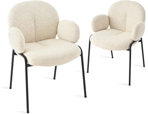 Goeurvant Esszimmerstühle 2er Set Beige mit Armlehne - Moderne Polsterstühle mit Hoher Lehne,Metallgestell,Höhenverstellbare Füße,Leinen Küchenstühle für Wohnzimmer,Esszimmer,Schlafzimmer