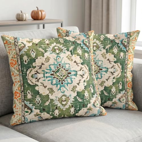 JANGYUHH Boho Kissenbezug 40x40 cm 2er Set Vintage Kissenbezüge Grün Sofakissen Samt Kissenhülle Abstrakt Dekorative Kissen für Garten Sofa Studie Wohnzimmer Bett