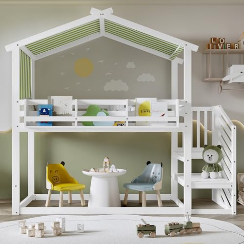 BTM Bunk Bed with Small Picture Bookshelf and Corner Staircase, Kids Bed with Decorative Canopy, Children's Bed, White+Green, No Mattress