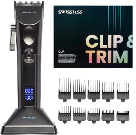 SWISSLISS - Tondeuse CLIP Professionelle sans fil - Moteur Brushless - Ultra Longue Durée - 3 Vitesses - 10 Guides de coupe