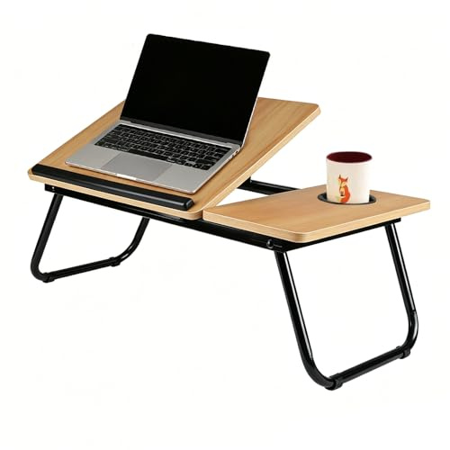 Supfine Klappbarer Betttisch mit Getränkehalter, Betttablett 56 x 33 cm, verstellbar, Computertisch aus MDF für Sofa, Boden, neigbare Tischplatte (Holzfarbe)