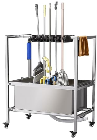 Drain Rack Broom Mop Holder Utility Mop And Broom Holder Cleaning Supplies For Housekeeping Mop Bucket Garden Tool Organizer Cleaning Carts On Wheels Broom Closet Storage,One Color,56Cm4Slots 5Hooks