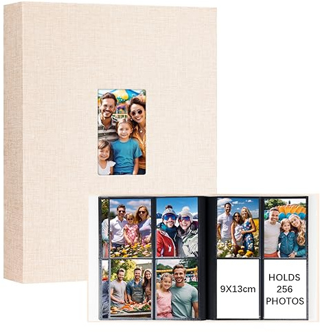 Ruibytree Álbum de Fotos 9x13 cm para 256 Fotos, Cubierta de Lino Beige | Cubierta Rígida, Carga Lateral, Páginas Sin Ácido, Bolsillos 9x13 cm, Ventana Frontal, Para Boda y Familia